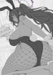  1girl akita_hika animal_ear_hairband animal_ears ass bare_shoulders blue_archive blush bow bowtie breasts commentary fake_animal_ears fishnet_pantyhose fishnets from_behind furrowed_brow gloves greyscale hair_between_eyes hair_intakes hairband halo highleg highleg_leotard highres holding holding_tray huge_ass huge_breasts karin_(blue_archive) karin_(bunny)_(blue_archive) leotard long_hair looking_at_viewer median_furrow monochrome number_tattoo official_alternate_costume pantyhose parted_lips playboy_bunny ponytail purple_halo rabbit_ear_hairband rabbit_ears rabbit_tail shoulder_tattoo side-tie_leotard sideboob sitting solo spot_color strapless strapless_leotard sweat tail tattoo thick_thighs thighs traditional_bowtie tray unfinished very_long_hair wrist_cuffs 