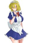  1girl absurdres apron back_bow blonde_hair blue_dress blue_wrist_cuffs blush bow bowtie breasts closed_mouth commentary_request cowboy_shot dress frilled_dress frills hair_between_eyes highres kuraki large_breasts looking_at_viewer maid maid_headdress medium_hair mugetsu_(touhou) puffy_short_sleeves puffy_sleeves red_bow red_bowtie short_sleeves simple_background solo touhou touhou_(pc-98) waist_apron white_apron white_background white_bow wrist_cuffs yellow_eyes 