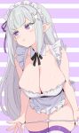  1girl apron bare_arms black_ribbon breasts closed_mouth collar colored_eyelashes commentary_request elf emilia_(re:zero) grey_hair highres huge_breasts long_hair looking_to_the_side maid_apron maid_headdress panties panty_pull pointy_ears pout re:zero_kara_hajimeru_isekai_seikatsu remnia ribbon sideways_glance solo striped_background thighs underwear white_collar white_panties 