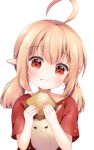  1girl absurdres ahoge alternate_costume blonde_hair blush bread bread_slice closed_mouth commentary dodoco_(genshin_impact) fingernails food food_on_face frown genshin_impact grandapple71 hair_between_eyes hands_up highres holding_bread klee_(genshin_impact) long_hair looking_at_viewer pointy_ears red_eyes red_shirt shirt short_sleeves sidelocks simple_background solo toast upper_body white_background 
