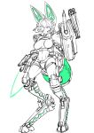  armor binoculars breasts cannon commentary_request digitigrade exoskeleton gun headphones highres large_breasts legs_apart limited_palette looking_at_viewer microphone navel original pile_bunker short_shorts shorts simple_background sketch solo standing weapon white_background yui_sora 