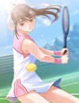  1girl ball bare_shoulders blue_sky blurry blurry_background bokeh bow brown_eyes brown_hair cloud cowboy_shot day depth_of_field dress dutch_angle hair_bow highres holding holding_racket holding_tennis_racket long_hair looking_at_object looking_to_the_side love_plus motion_blur official_art outdoors parted_lips pink_dress playing_sports ponytail racket sky sleeveless sleeveless_dress solo sportswear takane_manaka tennis tennis_ball tennis_racket tennis_uniform tree two-tone_dress white_bow white_dress wristband 