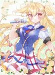  1girl blonde_hair blue_jacket blush_stickers closed_mouth commentary_request curly_hair fang flower gradient_hair hair_ornament highres holding holding_microphone idol_clothes jacket long_hair microphone multicolored_hair orange_eyes plaid_clothes plaid_skirt red_hair rose saramowa seibu_rio shine_post shirt short_sleeves skirt sleeveless sleeveless_jacket solo two_side_up very_long_hair white_shirt yellow_flower yellow_rose 