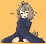  1girl :d ^_^ brown_hair closed_eyes commentary_request failure fang highres kneeling long_hair macbail open_mouth orange_background original simple_background smile solo tail tongue wrapped_in_blanket 