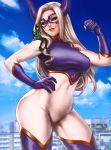  asui_tsuyu blonde_hair blue_sky blurry bodysuit boku_no_hero_academia breasts brown_eyes city cloud commentary covered_navel dandon_fuga day depth_of_field domino_mask giantess gloves goggles goggles_on_head green_hair hand_on_hip large_breasts lips long_hair mask mount_lady multiple_girls sidelocks sitting_on_shoulder size_difference sky smile superhero thighs 