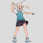  ahoge blonde_hair blue_eyes grey_background harada_yuuichi original school_uniform shoes smile sneakers solo sweater_vest twintails 