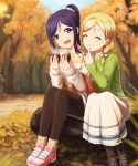  :d ^_^ animal_ears arm_around_shoulder autumn black_legwear blonde_hair bow braid brown_footwear closed_eyes food fur-trimmed_shorts green_sweater hair_bow hair_over_shoulder holding holding_food log long_skirt long_sleeves looking_at_viewer love_live! love_live!_sunshine!! matsuura_kanan multiple_girls ohara_mari open_mouth pantyhose pink_footwear pointing pointing_at_self ponytail potato purple_eyes purple_hair ribbed_sweater scrunchie shoes sitting skirt smile sneakers socks_over_pantyhose steam sweater twin_braids white_bow white_scrunchie white_sweater zi_long 