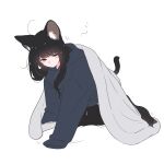  1girl absurdres all_fours animal_ear_fluff animal_ears black_cat black_hair black_thighhighs blanket blue_hoodie blush cat cat_ears cat_girl cat_tail closed_mouth commentary_request full_body highres hood hood_down hoodie kuro_(uchi_no_kuroneko_onnanoko) long_hair long_sleeves mame_(uchi_no_kuroneko_onnanoko) megateru messy_hair simple_background sleeves_past_wrists solo squeans tail thighhighs uchi_no_kuroneko_onnanoko under_covers white_background 
