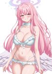  1girl absurdres angel_wings bikini blue_archive blush breasts cleavage commentary_request frilled_bikini frills halo highres korean_commentary large_breasts long_hair looking_at_viewer low_wings mika_(blue_archive) mika_(swimsuit)_(blue_archive) navel official_alternate_costume pcreambang pink_hair pink_halo simple_background smile solo stomach swimsuit thighs very_long_hair white_background white_bikini white_wings wings yebiyong_cream_bun yellow_eyes 