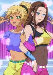  2girls absurdres amane_kei black_bra black_choker blonde_hair blue_eyes bra brown_hair choker dark-skinned_female dark_skin green_eyes green_scrunchie gyaru gyaru_v highres ijichi_kotoko long_hair multiple_girls nail_polish otaku_ni_yasashii_gal_wa_inai!? pants pink_pants scrunchie shorts tan twobless underwear v white_bra yellow_bra yellow_shorts 