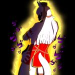  1girl animal_ears armband aura back back_focus black_background blunt_bangs brown_hat commentary dio_brando's_pose english_commentary from_behind gold_ship_(red_strife)_(umamusume) gold_ship_(umamusume) hat highres horse_ears horse_girl horse_tail jojo_pose long_hair menacing_(jojo) pillbox_hat shaded_face shadow solo striped_armband striped_clothes tail tw11lght umamusume white_hair white_tail yellow_aura 