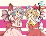  ascot bat_wings blonde_hair blue_hair bow fang finger_to_chin flandre_scarlet halftone hand_on_hip hat hat_ribbon highres looking_at_viewer mob_cap multiple_girls natsushiro pink_background red_eyes remilia_scarlet ribbon siblings sisters striped striped_background touhou white_background wings yellow_neckwear 