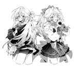  1girl arknights bow commentary_request cowboy_shot cropped_legs dress earrings glasses gloves greyscale hair_bow haruka_(arknights) haruka_(casual)_(arknights) highres holding holding_microphone idol jacket jewelry long_hair long_sleeves looking_at_viewer looking_back mask_pull microphone monochrome multiple_views official_alternate_costume one_eye_closed open_mouth pointy_ears shorts simple_background singing smile standing white_background ym_dpl 