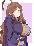  1girl :o ahoge blush_stickers border breasts brown_eyes brown_hair commentary_request eyes_visible_through_hair highres kono_subarashii_sekai_ni_shukufuku_wo! large_breasts long_hair looking_at_viewer noyama_takenoko open_mouth outline outside_border pink_background robe simple_background solo very_long_hair white_border white_outline wiz_(konosuba) 