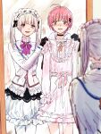  2girls :d ahoge blunt_bangs blurry blush bow bowtie clothes_in_front commentary_request d: depth_of_field dress embarrassed frilled_hairband frills full-length_mirror green_eyes hair_ornament hairband heaven_burns_red highres holding holding_unworn_clothes holding_unworn_dress imminent_forced_dressing kulfiq lolita_fashion lolita_hairband mirror multiple_girls nose_blush ooshima_minori pantyhose purple_bow red_hair reflection reflection_focus ribbon shirt short_hair skirt smile standing sugawara_chie trying_on_clothes twintails unworn_dress white_hair white_pantyhose white_shirt 