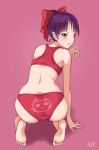  all_fours animal_print ass barefoot bow bra cat_print chocokin fang feet from_behind full_body gegege_no_kitarou hair_bow looking_back nekomusume nekomusume_(gegege_no_kitarou_6) panties pink_background pointy_ears print_panties purple_hair red_bow red_bra red_panties short_hair signature simple_background soles solo underwear underwear_only yellow_eyes 