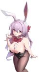  1girl absurdres animal_ears armpit_crease bare_shoulders between_breasts black_leotard black_pantyhose blush bow breasts bright_pupils brown_pantyhose cleavage collarbone commentary_request covered_navel feet_out_of_frame fengqun flying_sweatdrops food food_between_breasts food_on_body food_on_breasts hair_between_eyes hair_bow hand_up highleg highleg_leotard highres index_finger_raised large_breasts leotard long_hair melting_popsicle original pantyhose playboy_bunny popsicle purple_hair rabbit_ears rabbit_girl red_bow red_eyes sexually_suggestive shiny_skin sidelocks simple_background solo standing strapless strapless_leotard thighs tongue tongue_out two_side_up very_long_hair white_background white_pupils white_wrist_cuffs wrist_cuffs 