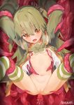  1girl breasts brown_eyes censored commentary_request frown green_hair green_jacket highres imminent_penetration jacket long_hair mosaic_censoring nasuuni nipple_stimulation open_mouth original penis_tentacle petite pussy restrained small_breasts solo spread_legs striped_clothes striped_thighhighs tearing_up tentacle_pit tentacles thighhighs 