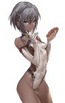 ass_visible_through_thighs breasts commentary covered_navel cowboy_shot dark_skin eating elbow_gloves finger_to_mouth food food_on_face gloves hair_between_eyes hair_ornament highres hot_dog leotard maruchi original short_hair silver_eyes silver_hair simple_background skin_tight small_breasts solo white_background white_gloves 