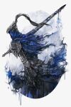  1boy abstract_background arm_armor armor artist_name artorias_the_abysswalker blue_cape cape carrying_over_shoulder commentary_request dark_souls_(series) dark_souls_i facing_to_the_side floating_cape full_armor grey_armor helmet highres holding holding_sword holding_weapon huge_weapon knight looking_to_the_side male_focus mature_male pii0iip shoulder_armor signature solo striped_cape sword torn_cape torn_clothes twitter_username weapon white_background 