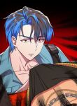  2boys another black_background black_hair blue_hair blue_shirt boogic0111 chain commentary_request dark_persona highres inukai_yuto korean_commentary looking_at_viewer male_focus motion_lines multicolored_hair multiple_boys on_shoulder paradox_live red_background red_eyes serious shirt short_hair solo_focus tosa_ryoga upper_body 