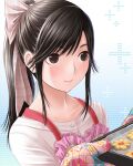  1girl apron aqua_background baking baking_sheet blush bow brown_eyes checkered_bow checkered_clothes closed_mouth collarbone commentary_request cookie food gradient_background hair_bow hands_up highres long_hair long_sidelocks looking_ahead love_plus official_art oven_mitts plus_sign ponytail portrait red_apron shirt sidelocks solo takane_manaka white_background white_bow white_shirt 