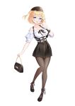  1girl absurdres bag bare_shoulders black_shoes black_skirt blonde_hair blue_eyes breasts brown_pantyhose commentary_request earrings frilled_shirt frills full_body glasses gun hair_ornament handbag handgun hat heart heart_earrings high-waist_skirt highres holding holding_bag hololive hololive_english holster holstered jewelry looking_at_viewer off-shoulder_shirt off_shoulder official_alternate_costume official_alternate_hairstyle one_side_up open_mouth pantyhose round_eyewear same1029 shirt shoes skirt smile solo virtual_youtuber watson_amelia watson_amelia_(street_casual) weapon white_shirt zipper_skirt 