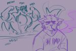  2023 amihan_(melaisen) anthro aquatic barazoku catfish cigarette clothed clothed_anthro clothed_male clothing colored_line_art demon domestic_cat dot_eyes duo english_description evan_alon_malachite fangs felid feline felis fish flexing flexing_bicep flexing_both_biceps hair male male_anthro mammal melaisen meow monochrome muscular muscular_anthro muscular_male nipples nya partially_submerged purple_background purple_line_art shirt simple_background simple_eyes sketch smoke smoking solid_circle_eyes splash teal_line_art teeth text text_on_clothing text_on_shirt text_on_topwear topwear unimpressed water wet 