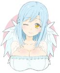  ;) absurdres blue_hair braid breasts cleavage donguri_suzume eyebrows_visible_through_hair french_braid head_tilt highres large_breasts looking_at_viewer moira_(nijisanji) mole mole_on_breast mole_under_mouth nijisanji one_eye_closed smile solo upper_body wings yellow_eyes 