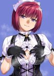  after_paizuri akawiro bangs black_gloves black_ribbon blue_background breasts button_gap closed_mouth cum cum_on_body cum_on_breasts cum_on_clothes cum_on_upper_body cumdrip frilled_shirt frills gloves large_breasts looking_at_viewer maid_headdress nel_zelpher open_clothes open_shirt purple_eyes red_hair ribbon ribbon_trim shirt short_hair short_sleeves simple_background skirt smile solo star_ocean star_ocean_anamnesis star_ocean_till_the_end_of_time unbuttoned upper_body 