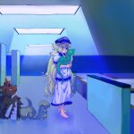  1girl barefoot behemoth_(black_souls) black_souls blonde_hair commentary dragon dragon_tail dragon_wings green_eyes hair_over_one_eye hat highres holding hospital hospital_gown long_hair maillio64 pet rapunzel_(black_souls) shirt tail untranslatable_commentary very_long_hair white_shirt wings 
