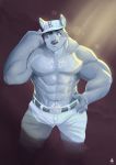  2016 abs anthro biceps big_muscles black_eyes canine clothed clothing dog fur grey_fur grey_nose hat hi_res kemono malcus_pine male mammal misterbunny56 muscular muscular_male pants pecs simple_background solo standing topless vein 