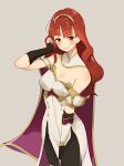  1girl aise6035 armor breastplate breasts cape celica_(fire_emblem) cleavage cowboy_shot fingerless_gloves fire_emblem fire_emblem_echoes:_shadows_of_valentia gloves hairband highres long_hair looking_at_viewer medium_breasts red_eyes red_hair simple_background smile solo tiara white_armor 