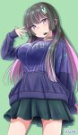  1girl absurdres black_hair blue_hoodie blush breasts commentary_request green_background green_skirt headset highres hood hooded_jacket hoodie jacket large_breasts long_hair looking_at_viewer maho_(corotonton5150) mole mole_under_mouth multicolored_hair nail_polish original pink_hair purple_eyes purple_hoodie purple_nails simple_background skirt solo two-tone_hair two-tone_hoodie 