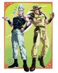  2boys araki_hirohiko_(style) belt blonde_hair boots cheekbones cleft_chin cowboy_boots cowboy_hat earrings flattop hat hol_horse jean_pierre_polnareff jewelry jojo_no_kimyou_na_bouken komino_masahiko_(style) long_hair male_focus multiple_boys muscular muscular_male official_style pants pelvic_curtain smile sparkle spurs stardust_crusaders tall_hair tmblyeet 