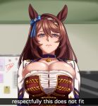  1girl animal_ears blue_eyes blush bodice bow braid breasts brown_hair choker cleavage commentary corset cropped_jacket ear_bow english_commentary english_text hair_between_eyes hair_ribbon highres horse_ears horse_girl jacket large_breasts long_hair looking_at_viewer multicolored_hair pendant_choker purple_choker red_corset ribbon romulproduce solo starting_future_(umamusume) streaked_hair super_creek_(umamusume) umamusume undersized_clothes unhappy very_long_hair white_hair white_jacket 