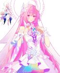  1girl absurdres breasts bridal_veil commentary cyrene_(demiurge)_(honkai:_star_rail) cyrene_(honkai:_star_rail) diamond-shaped_pupils diamond_(shape) dress english_commentary flower hair_flower hair_ornament halo highres honkai:_star_rail honkai_(series) long_hair medium_breasts multicolored_hair pink_hair pointy_ears prototype_design purple_eyes reference_inset simple_background smile solo symbol-shaped_pupils two-tone_hair veil velvetbl0ssoms very_long_hair white_background white_dress white_hair 