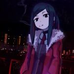  blue_hair brown_eyes cigarette city_lights coat collared_shirt fur_trim julianne_stingray long_sleeves mouth_hold necktie night outdoors ponytail red_neckwear reiesu_(reis) shirt signature smoke smoking solo va-11_hall-a wing_collar 