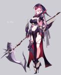  1girl absurdres alternate_costume armor black_armor breasts character_name cleavage commentary full_body grey_background highres holding holding_scythe hololive hololive_english legs long_hair looking_at_viewer medium_breasts mori_calliope navel pink_hair raptor7 scythe simple_background solo thighs virtual_youtuber 