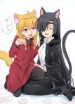  2girls ahoge animal_ear_fluff animal_ears asa_(yomi_no_tsugai) black_coat black_hair black_pants black_pantyhose black_shirt black_shoes blonde_hair braid breasts cat_ears cat_tail closed_eyes coat commentary_request eyepatch fur-trimmed_coat fur_trim gabu_(yomi_no_tsugai) hair_over_one_eye hood hood_down hooded_coat kemonomimi_mode long_hair long_sleeves looking_at_viewer medium_breasts mole mole_under_mouth multiple_girls n._(enudotto_dott) pants pantyhose purple_eyes red_coat shirt shoes simple_background small_breasts smile tail translated twin_braids white_background white_shirt yomi_no_tsugai 