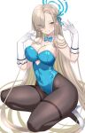  1girl absurdres adapted_costume asuna_(blue_archive) asuna_(bunny)_(blue_archive) black_pantyhose blonde_hair blue_archive blue_bow blue_bowtie blue_eyes blue_halo bow bowtie breasts bun6467 cleavage clothing_cutout commentary_request covered_navel gloves hair_over_one_eye halo highleg highleg_leotard highres large_breasts leotard long_hair mole mole_on_breast pantyhose parted_lips seductive_smile shoes simple_background smile solo strapless strapless_leotard thighband_pantyhose white_background white_gloves white_shoes 