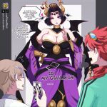  1boy 2girls bare_shoulders bat_tattoo blonde_hair breasts cleavage cowboy_shot dclaret deviantart_logo deviantart_username digimon digimon_(creature) digimon_story:_time_stranger eyeshadow facial_mark fallen_angel full_body highres horns large_breasts lilithmon long_hair looking_at_viewer makeup multiple_girls newgrounds_username open_mouth pointy_ears purple_eyeshadow sagisaka_hiroko smile tattoo tumblr_logo tumblr_username twitter_username twitter_x_logo wings yuuki_dan 