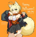  1girl 2025 animal_ears ass bare_shoulders black_skirt blonde_hair breasts chain chain_leash cleavage collar fang fate_(series) green_eyes happy_halloween highres holding holding_chain holding_own_leash jacket leash looking_back nero_claudius_(fate) off-shoulder_jacket off_shoulder open_mouth orange_background simple_background skirt solo striped_clothes striped_skirt tail twitter_username vertical-striped_clothes vertical-striped_skirt zhang5180 