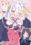 2girls animal_ears blue_eyes blue_hoodie blue_kimono blush cho_kaguya-hime! commentary forehead_jewel fox_ears fox_girl fushi_(cho_kaguya-hime!) green_eyes hair_intakes hair_rings hands_up heart highres hood hood_down hoodie japanese_clothes kimono long_hair long_sleeves looking_at_viewer megumi_kei multiple_girls off_shoulder one_eye_closed open_mouth outline runami_yachiyo sakayori_iroha sleeves_past_wrists twintails white_hair white_outline 