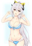  :d absurdres bikini blue_bikini blush bow breasts double_v eyebrows_visible_through_hair fate/grand_order fate_(series) frilled_bikini frills grey_hair hair_between_eyes hair_bow highres kiyohime_(fate/grand_order) kiyohime_(swimsuit_lancer)_(fate) large_breasts long_hair looking_at_viewer navel open_mouth ponytail red_eyes smile solo swimsuit v very_long_hair yellow_bow yuyusuika 