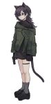  1girl absurdres agamemega belt black_eyes black_hair black_shirt black_shoes cat_girl commentary_request full_body green_jacket grey_socks gun hair_over_one_eye highres holding holding_gun holding_weapon jacket legs long_hair long_sleeves off-shoulder_jacket off_shoulder open_mouth original shirt shoes simple_background socks thigh_belt thigh_strap thighs weapon white_background 