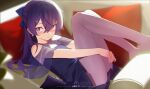  1girl artist_name bag bare_shoulders benpao_de_ruoji blue_archive blurry blurry_background blush bow chinese_commentary closed_mouth clutch_purse commentary_request couch dress earrings flat_chest hair_between_eyes hair_bow hair_ornament hairclip handbag haruka_(blue_archive) haruka_(dress)_(blue_archive) highres hugging_own_legs jewelry knees_up long_hair looking_at_viewer missing_halo official_alternate_costume on_couch pantyhose purple_dress purple_eyes purple_hair purple_pantyhose solo 