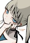  1girl absurdres annoyed bare_shoulders black_choker black_ribbon blonde_hair blue_eyes blue_shirt blush choker closed_mouth commentary_request cross-shaped_pupils ear_piercing head_on_hand head_rest highres long_hair looking_at_viewer nanonano0807 original piercing ribbon ribbon_choker shirt simple_background solo spike_piercing strapless strapless_shirt symbol-shaped_pupils twintails twitter_username uneven_eyes v-shaped_eyebrows white_background 