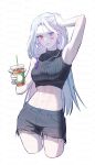  1girl absurdres arm_up armpits black_shorts black_sweater braid breasts character_name closed_mouth commentary_request crop_top cropped_legs cropped_sweater cup curtained_hair disposable_cup drinking_straw earrings expressionless facial_tattoo grey_hair hair_ornament hand_on_own_head heterochromia highres holding holding_cup jewelry korean_commentary lina_(utaite) long_hair looking_at_viewer medium_breasts navel official_art orange_eyes pale_skin pink_lips purple_eyes ribbed_sweater sanis2_s short_shorts shorts side_braid simple_background sleeveless sleeveless_sweater solo standing stomach straight_hair sweater tassel tassel_hair_ornament tattoo team._lovable torn_clothes torn_shorts turtleneck turtleneck_sweater utaite watermark watermark_grid white_background 