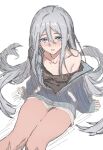  1girl black_shirt blue_eyes blue_jacket blue_shorts blush hair_between_eyes highres jacket long_hair long_hair_between_eyes long_sleeves looking_at_viewer off-shoulder_jacket off-shoulder_shirt off_shoulder parted_lips partially_unzipped project_sekai shirt shorts single_bare_shoulder single_off_shoulder sitting thighs track_jacket very_long_hair white_background white_hair wtsino yoisaki_kanade 